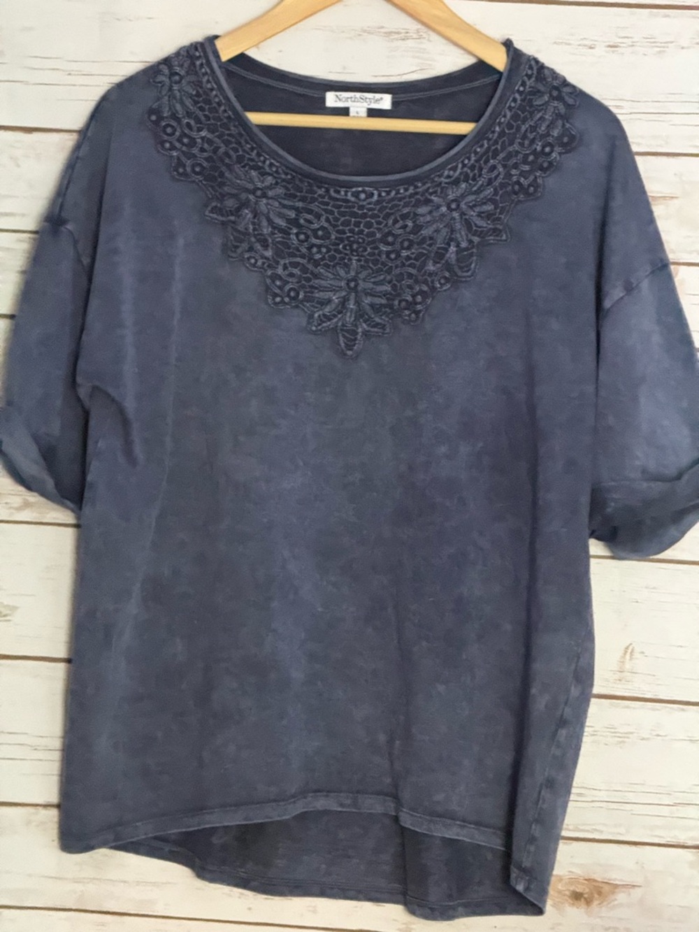 NorthStyle Short Sleeve Tee Stonewashed Blue with Embroidered Scoop Neck Women L
